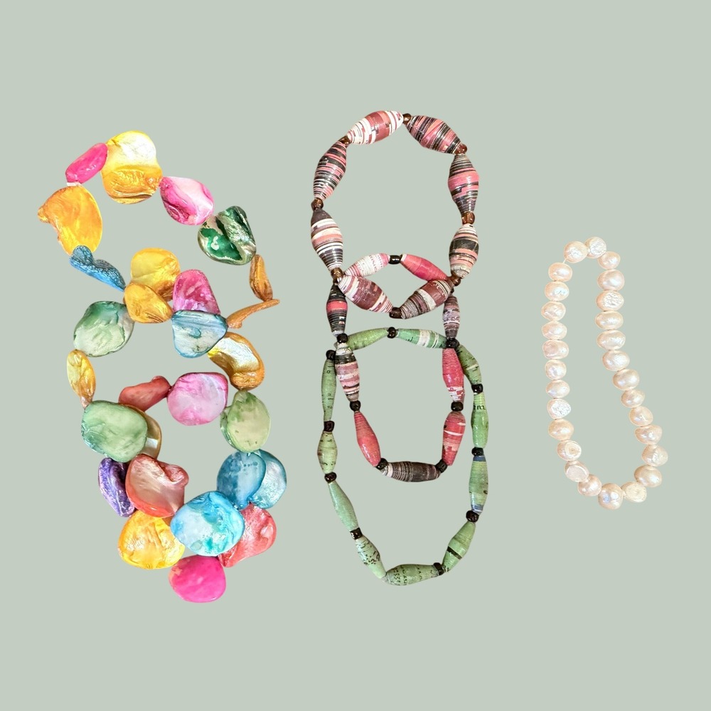Bracelet Lot 7pc OS Disney World Map Paper Shell Pearl Coastal Whimsical Boho